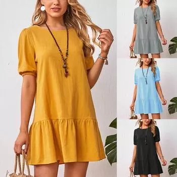 Женское сексуальное свободное хлопковое льняное платье с коротким рукавом и круглым вырезом S жёлтый