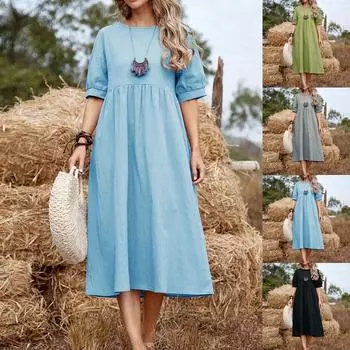 Женское сексуальное свободное хлопковое льняное платье с коротким рукавом и круглым вырезом S серый