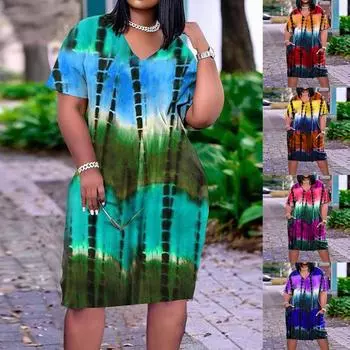 Женское сексуальное свободное платье с v-образным вырезом и принтом тай-дай, модное повседневное карманное платье с короткими рукавами XXL оранжевый