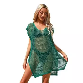 Женское сексуальное свободное трикотажное пляжное платье с V-образным вырезом, однотонное, с высоким разрезом, прозрачное, с коротким рукавом, солнцезащитное покрытие