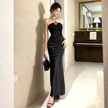 Женское сексуальное темпераментное кружевное платье с вырезом-стойкой S чёрный