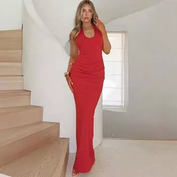 Женское сексуальное темпераментное платье с глубоким V-образным вырезом и бретельками через шею, облегающее, однотонное, без рукавов, ягодицы S чёрный