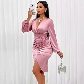 Женское сексуальное темпераментное платье с длинными рукавами осень и зима S розовый