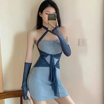 Женское сексуальное тонкое платье с открытой спиной и длинным рукавом в стиле пэчворк, с подвеской на шее и бретельками One Size