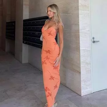 Женское сексуальное трикотажное платье-макси с принтом на бретельках, модное облегающее длинное платье с V-образным вырезом и открытой спиной, летние элегантные женские клубные платья S оранжевый