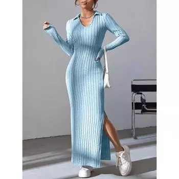 Женское сексуальное трикотажное платье с V-образным вырезом и обратным вырезом, эластичный базовый свитер с длинными рукавами на осень-зиму S небесно-голубой