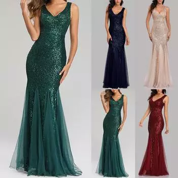 Женское сексуальное вечернее платье без рукавов с V-образным вырезом и блестками L золотой