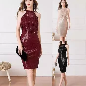 Женское сексуальное вечернее платье с бахромой и пайетками для ночного клуба без рукавов, утягивающее платье средней длины S красный