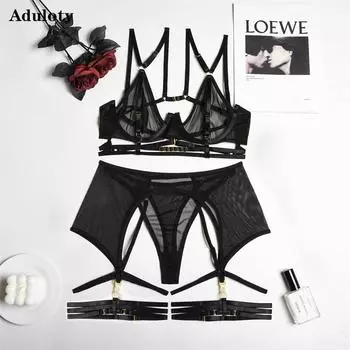 Женское сексуальное женское белье Aduloty, тонкий летний бюстгальтер на косточках, высокое качество, сетчатое кружево, черный искушение, комплексный комплект эротического нижнего белья S