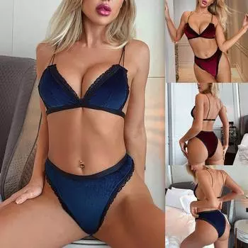 Женское сексуальное женское белье, бархатная пижама с тремя точками, комплект нижнего белья из двух предметов M синий