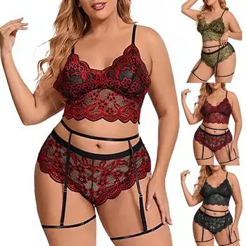 Женское сексуальное женское белье больших размеров с кружевной вышивкой, трехточечный костюм из трех частей XXXL