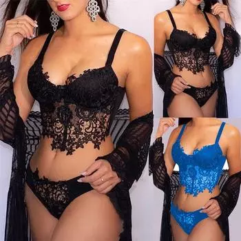 Женское сексуальное женское белье, комплект из 2 предметов, прозрачное нижнее белье, ночная рубашка, одежда для сна, женский кружевной бюстгальтер, трусики, комплекты без пальто S чёрный