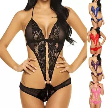 Женское сексуальное женское белье, кружевное цельное нижнее белье с глубоким V-образным вырезом и открытой спиной на шнуровке M