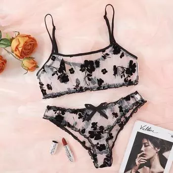 Женское сексуальное женское белье, нижнее белье из двух частей, флокированное черное сетчатое соблазнительное сексуальное женское белье S