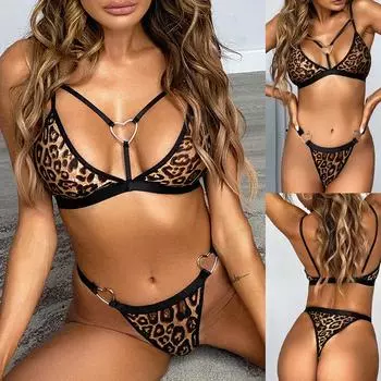 Женское сексуальное женское белье с леопардовым принтом, сексуальный костюм из двух частей с крестообразным сердечком L коричневый