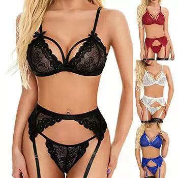 Женское сексуальное женское белье с кружевным бантом, трехточечный костюм-тройка без стального кольца XXL
