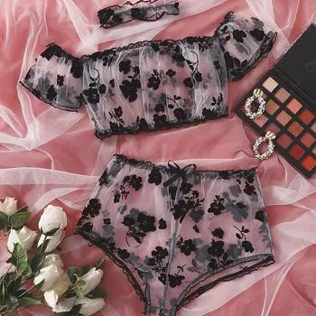 Женское сексуальное женское белье, трехсекционное флокированное черное сетчатое соблазнительное сексуальное женское белье S чёрный