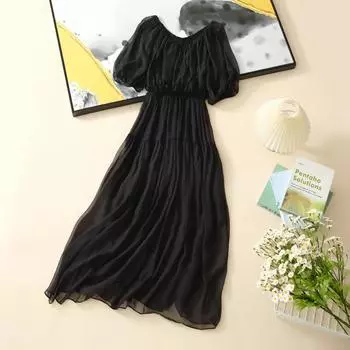Женское шелковое платье с рукавами-фонариками и V-образным вырезом, 2025 One Size