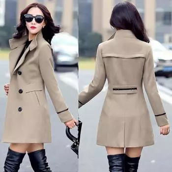 Женское шерстяное двубортное пальто Элегантная рабочая офисная модная куртка с длинным рукавом M хаки