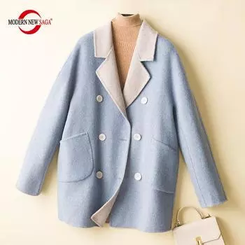 Женское шерстяное пальто, 100% шерсть, СОВРЕМЕННАЯ НОВАЯ SAGA, осеннее шерстяное двустороннее пальто, зимние теплые шерстяные куртки, двубортные
