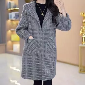 Женское шерстяное пальто 2024: Осень/Зима, Плюс Бархат, Стройнящий, Скрывающий недостатки фигуры, Высокая Мода 2XL