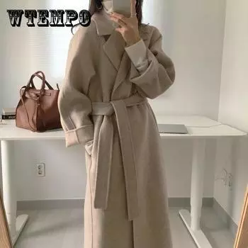 Женское шерстяное пальто, элегантное однотонное пальто с поясом и длинными рукавами, шикарная верхняя одежда, женский костюмный воротник, свободная завязка на талии, шерстяное пальто средней длины XL коричневый