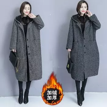 Женское шерстяное пальто большого размера на осень и зиму, корейская версия, свободное, среднее и длинное, плюшевое, утолщенное, с капюшоном шерстяное пальто M чёрный