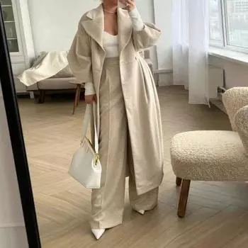 Женское шерстяное пальто, двубортное винтажное пальто с рукавами-фонариками, осенне-зимнее пальто с отложным воротником, длинная ветровка, уличная одежда S красный