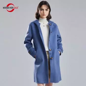 Женское шерстяное пальто из 100% мериносовой шерсти, СОВРЕМЕННОЕ НОВОЕ Осеннее шерстяное пальто SAGA с капюшоном, зимнее теплое шерстяное пальто с поясом M синий