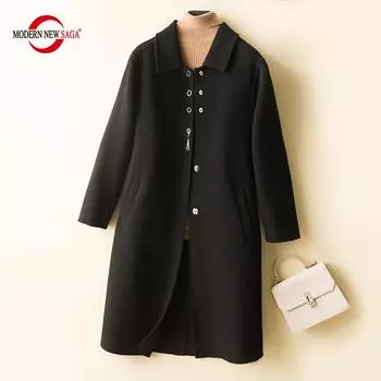 Женское шерстяное пальто из 100% шерсти, СОВРЕМЕННОЕ НОВОЕ SAGA, осенняя шерстяная длинная куртка, зимнее теплое шерстяное пальто, черное женское