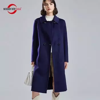 Женское шерстяное пальто из 100% шерсти, СОВРЕМЕННОЕ НОВОЕ Осеннее шерстяное длинное пальто SAGA, зимнее теплое шерстяное пальто, двубортное S темно-синий