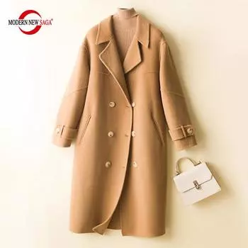 Женское шерстяное пальто из 100% шерсти, СОВРЕМЕННОЕ НОВОЕ Осеннее шерстяное пальто SAGA, женское зимнее теплое пальто средней длины, двубортное