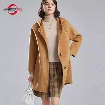 Женское шерстяное пальто из 100% шерсти, СОВРЕМЕННОЕ НОВОЕ зимнее теплое шерстяное пальто SAGA с капюшоном, осеннее повседневное шерстяное пальто S бежевый
