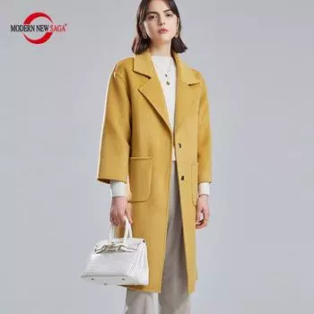 Женское шерстяное пальто из 100% шерсти, СОВРЕМЕННОЕ НОВОЕ зимнее шерстяное длинное пальто SAGA, осеннее модное шерстяное пальто M жёлтый