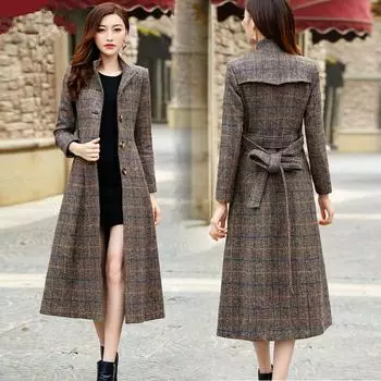 Женское шерстяное пальто Классические длинные пальто Куртки Тренч Осень Зима Клетчатая верхняя одежда S