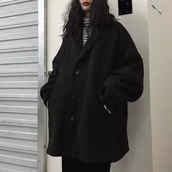 Женское шерстяное пальто Корейская версия Harajuku Ретро Свободное парное утолщенное стеганое шерстяное пальто S чёрный