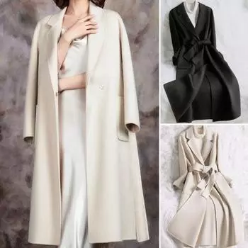 Женское шерстяное пальто, однотонное пальто с отложным воротником и ветрозащитным поясом, облегающее пальто, уличная одежда 2XL бежевый
