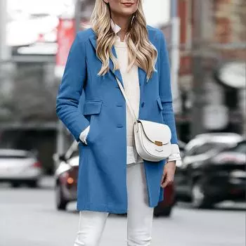 Женское шерстяное пальто осень-зима кардиган однобортный пиджак L синий