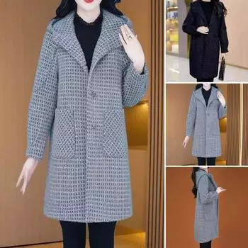 Женское шерстяное пальто осень-зима с боковыми карманами, однобортное, с капюшоном, свободное, в клетку, средней длины, плотное, сохраняющее тепло, пальто для поездок на работу, свиданий, путешествий M чёрный