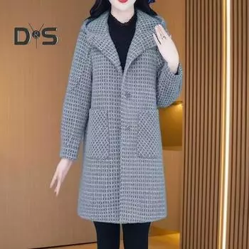 Женское шерстяное пальто осень-зима с боковыми карманами, однобортное, с капюшоном, свободное, в клетку, средней длины, плотное, сохраняющее тепло, пальто для поездок на работу, свиданий, путешествий M серый