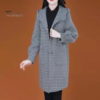 Женское шерстяное пальто осень-зима с боковыми карманами, однобортное, с капюшоном, свободное, в клетку, средней длины, плотное, сохраняющее тепло, пальто для поездок на работу, свиданий, путешествий M чёрный