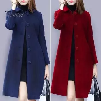 Женское шерстяное пальто осень-зима с отложным воротником, однобортное, свободное, средней длины, плотное, сохраняющее тепло, для поездок на работу, свиданий, путешествий M синий
