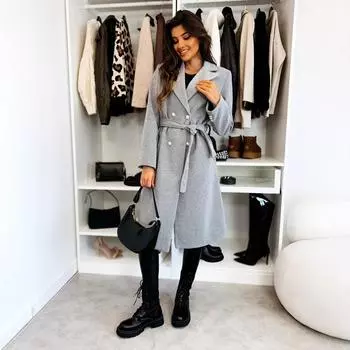 Женское шерстяное пальто осень-зима винтажное элегантное двубортное пальто тренч женский однотонный длинный рукав ветровка куртка S чёрный