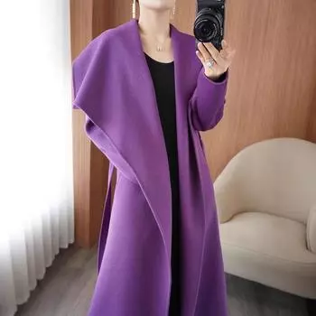 Женское шерстяное пальто с большими лацканами, однотонное, со шнуровкой, с длинными рукавами, повседневное, простое, свободное, теплое, до колена, двухстороннее, шерстяное пальто S фиолетовый