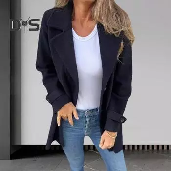 Женское шерстяное пальто с лацканами, длинный рукав, однобортное, средней длины, с боковыми карманами, однотонное, в стиле коммутации, верхняя одежда M чёрный