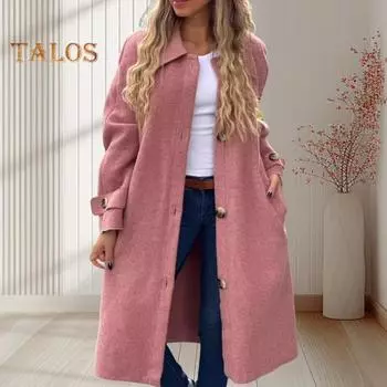 Женское шерстяное пальто с лацканами, длинный рукав, однобортное, средней длины, с боковыми карманами, однотонное, в стиле коммутации, верхняя одежда M чёрный