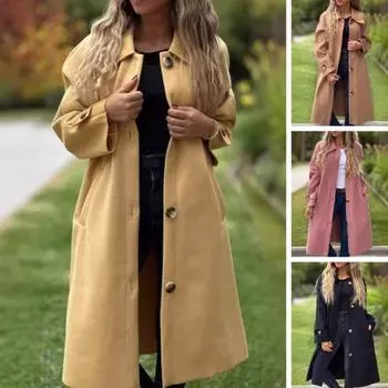 Женское шерстяное пальто с лацканами, длинный рукав, однобортное, средней длины, с боковыми карманами, однотонное, в стиле коммутации, верхняя одежда M светло-коричневого