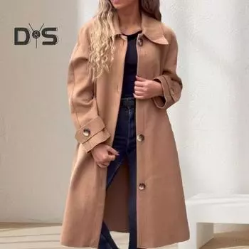 Женское шерстяное пальто с лацканами, длинный рукав, однобортное, средней длины, с боковыми карманами, однотонное, в стиле коммутации, верхняя одежда M светло-коричневого