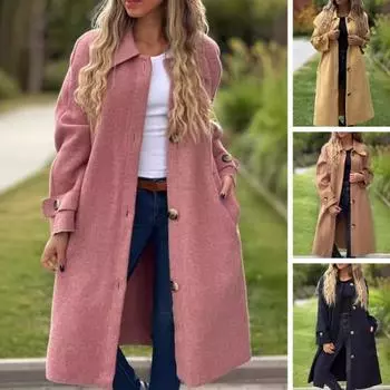 Женское шерстяное пальто с лацканами, длинный рукав, однобортное, средней длины, с боковыми карманами, однотонное, в стиле коммутации, верхняя одежда M чёрный