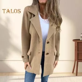 Женское шерстяное пальто с лацканами, длинный рукав, однобортное, средней длины, с боковыми карманами, однотонное, в стиле коммутации, верхняя одежда M абрикосовый